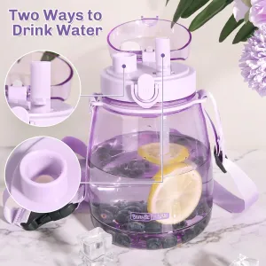 Kawaii Water Bottle with Straw 45oz with Two Ways to Dinking Modern Cute Water Jug With Strap for Women/Teen Girl/School, Purple