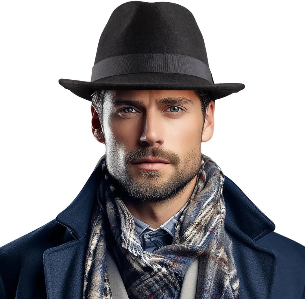 LADYBRO Straw Trilby Fedora Hat for Men 1920s Short Brim Wool Felt Panama Cap 7 1/4