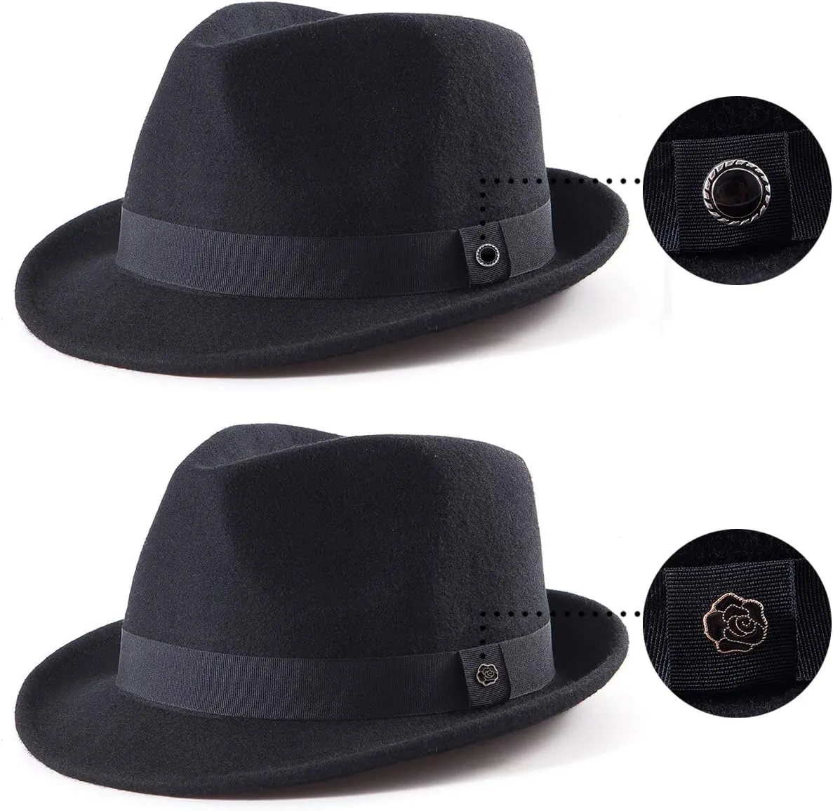 LADYBRO Straw Trilby Fedora Hat for Men 1920s Short Brim Wool Felt Panama Cap 7 1/4