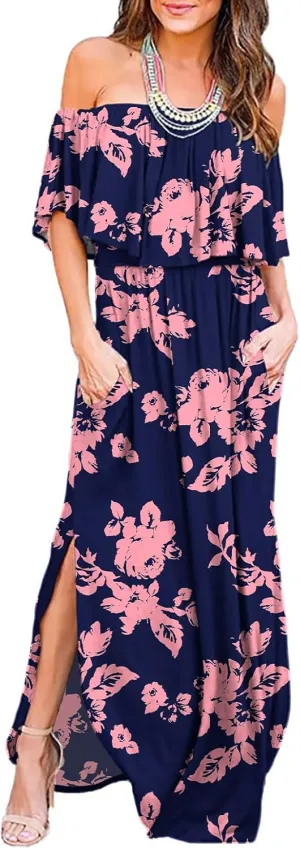 LILBETTER Womens Off The Shoulder Ruffle Party Dresses Side Split Beach Maxi Dress