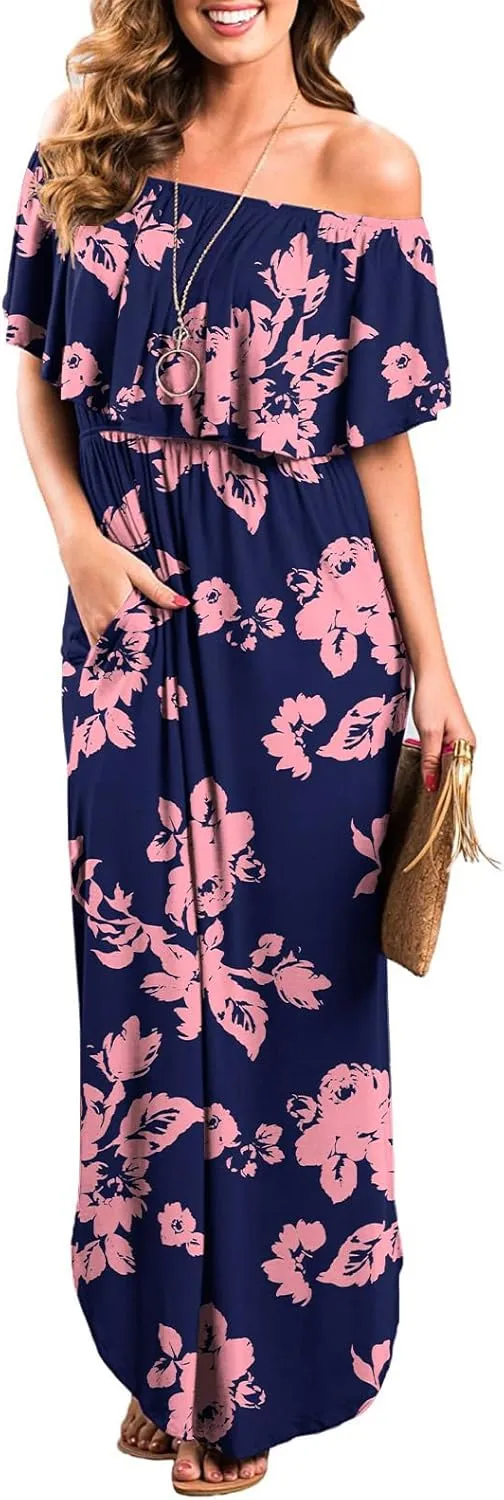 LILBETTER Womens Off The Shoulder Ruffle Party Dresses Side Split Beach Maxi Dress