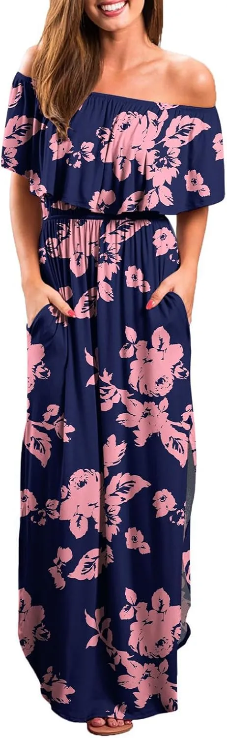 LILBETTER Womens Off The Shoulder Ruffle Party Dresses Side Split Beach Maxi Dress