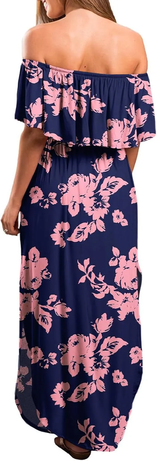LILBETTER Womens Off The Shoulder Ruffle Party Dresses Side Split Beach Maxi Dress