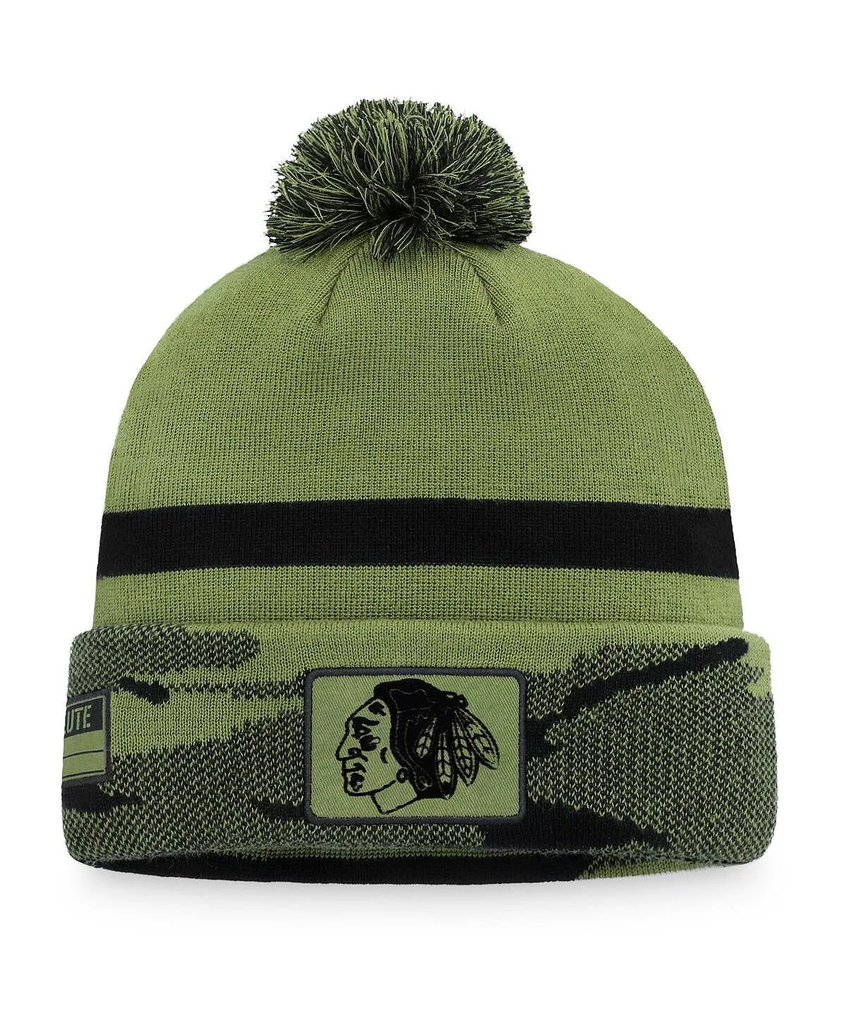 Men's Chicago Blackhawks Military Style Camouflage Knitted Hat with Cuffs and Pom Pom Fanatics