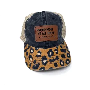 Mom Hat -  leather patch hat - Leopard Pattern trucker baseball cap - ponytail hats for women - Gift for Mom - mama hat