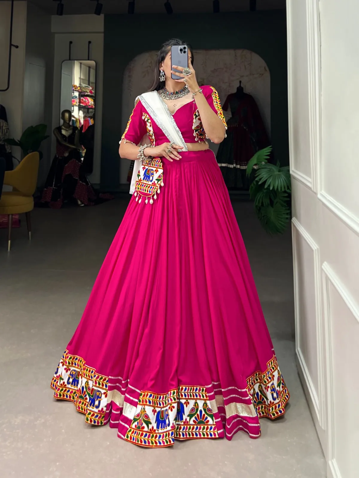 Pink Rayon Lehenga Choli with Gamthi Embroidery for Navratri