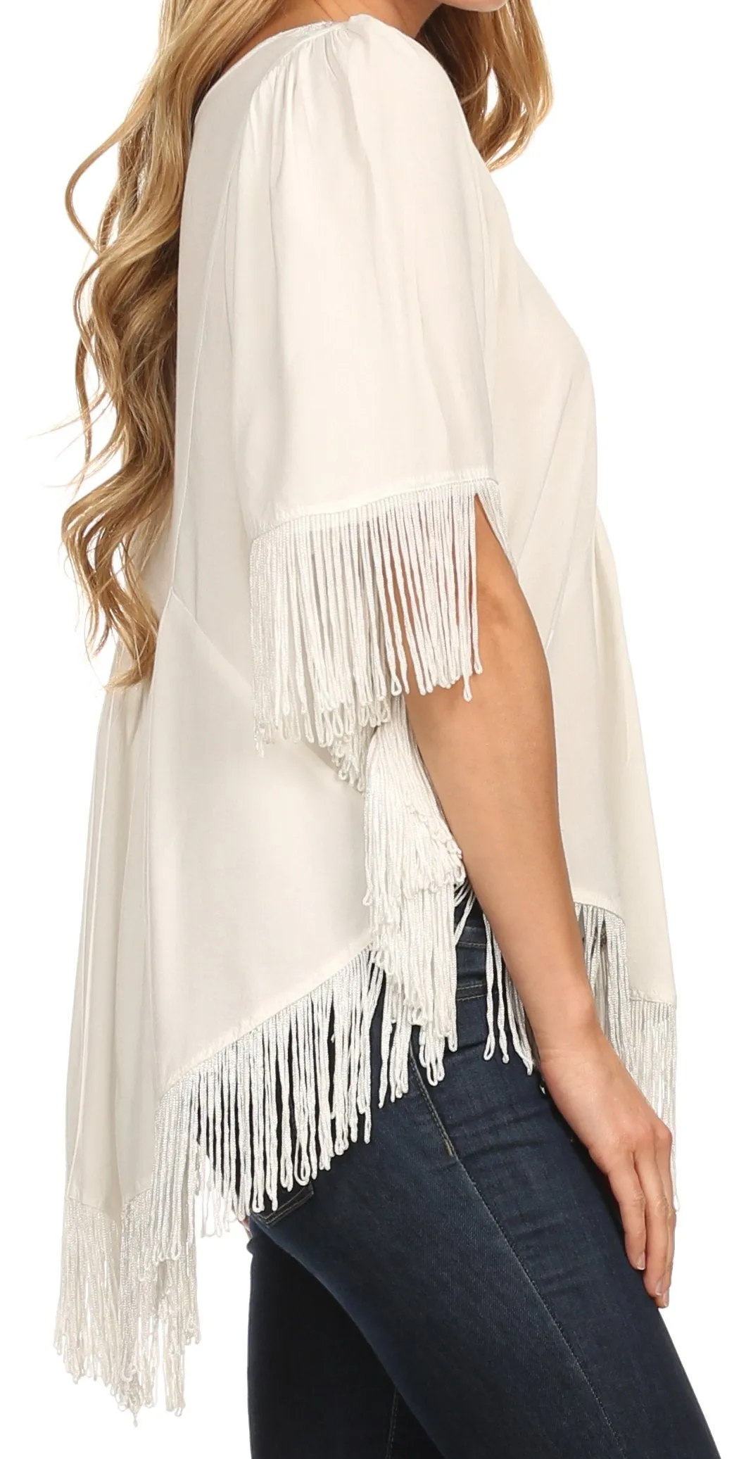 Sakkas Lilly Boho Embroidered Fringe Poncho Top