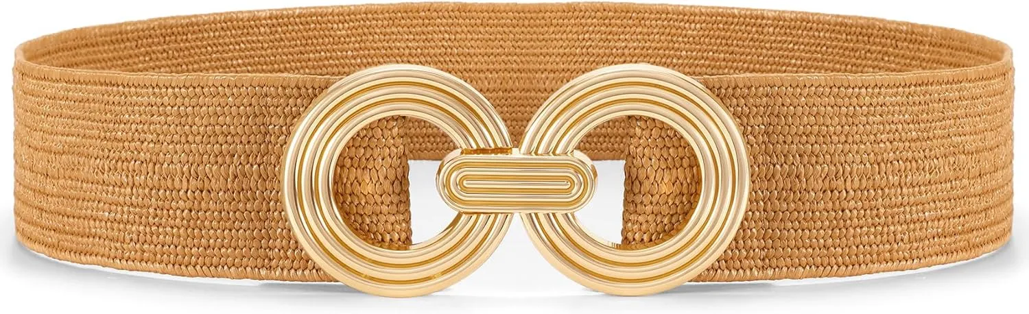 Straw Woven Elastic Belt for Women Fashion Wide Belts Stretchy Boho Belt Ladies Beach Dress Belt with Gold Buckle