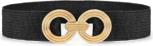 Straw Woven Elastic Belt for Women Fashion Wide Belts Stretchy Boho Belt Ladies Beach Dress Belt with Gold Buckle