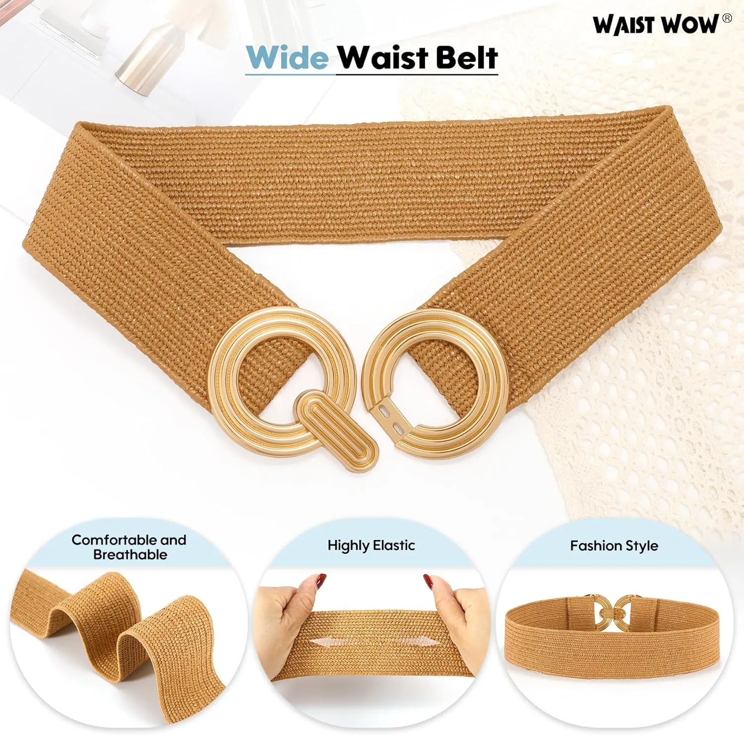 Straw Woven Elastic Belt for Women Fashion Wide Belts Stretchy Boho Belt Ladies Beach Dress Belt with Gold Buckle