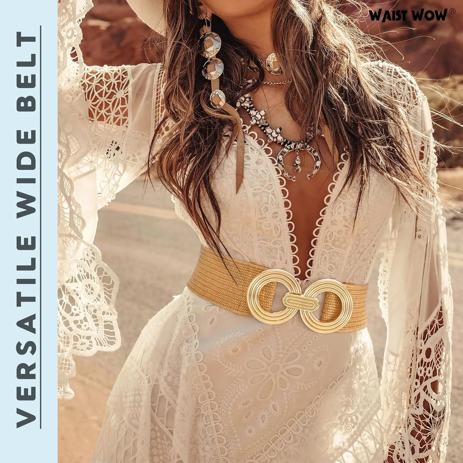Straw Woven Elastic Belt for Women Fashion Wide Belts Stretchy Boho Belt Ladies Beach Dress Belt with Gold Buckle