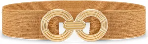 Straw Woven Elastic Belt for Women Fashion Wide Belts Stretchy Boho Belt Ladies Beach Dress Belt with Gold Buckle