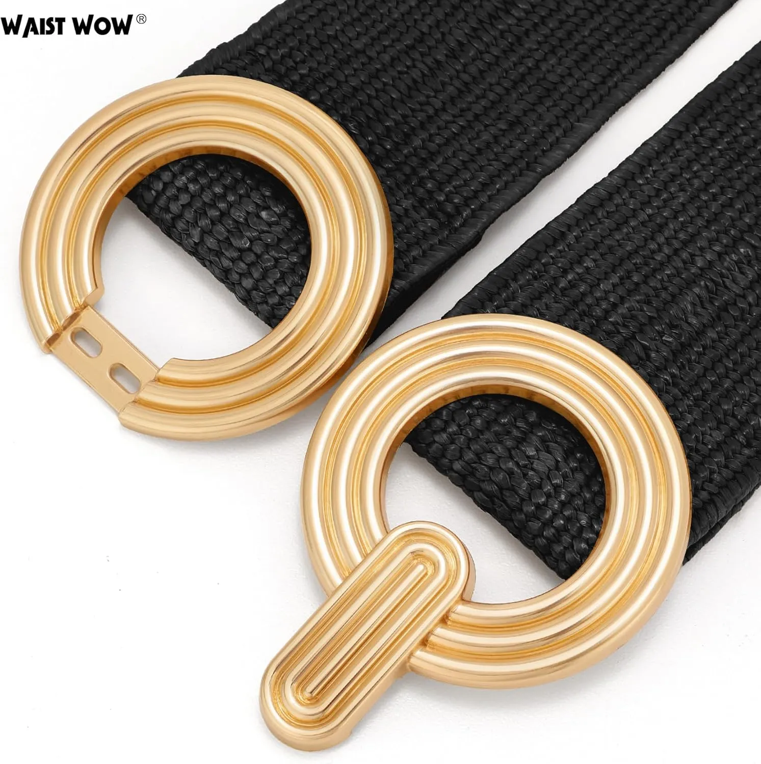 Straw Woven Elastic Belt for Women Fashion Wide Belts Stretchy Boho Belt Ladies Beach Dress Belt with Gold Buckle