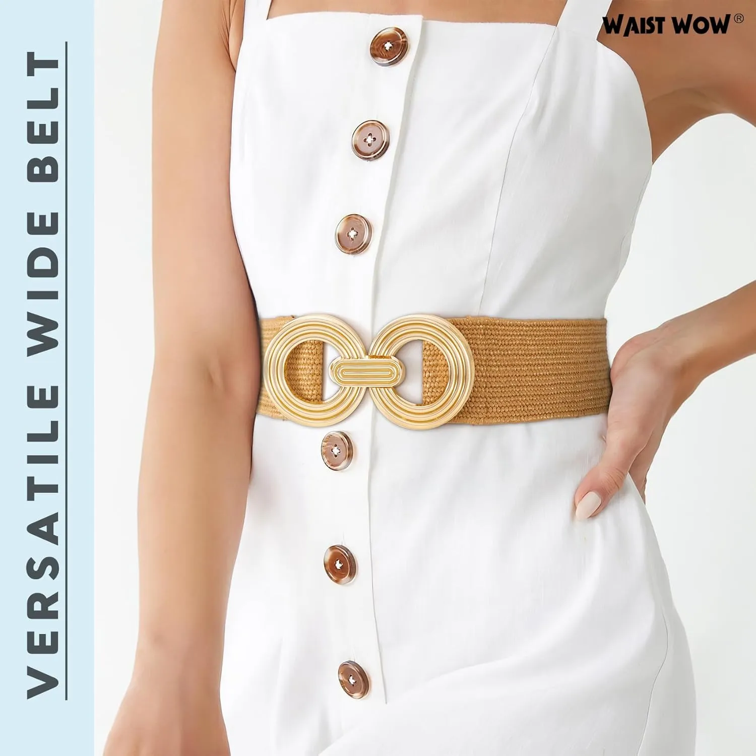 Straw Woven Elastic Belt for Women Fashion Wide Belts Stretchy Boho Belt Ladies Beach Dress Belt with Gold Buckle