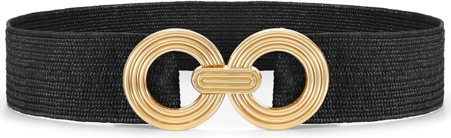 Straw Woven Elastic Belt for Women Fashion Wide Belts Stretchy Boho Belt Ladies Beach Dress Belt with Gold Buckle