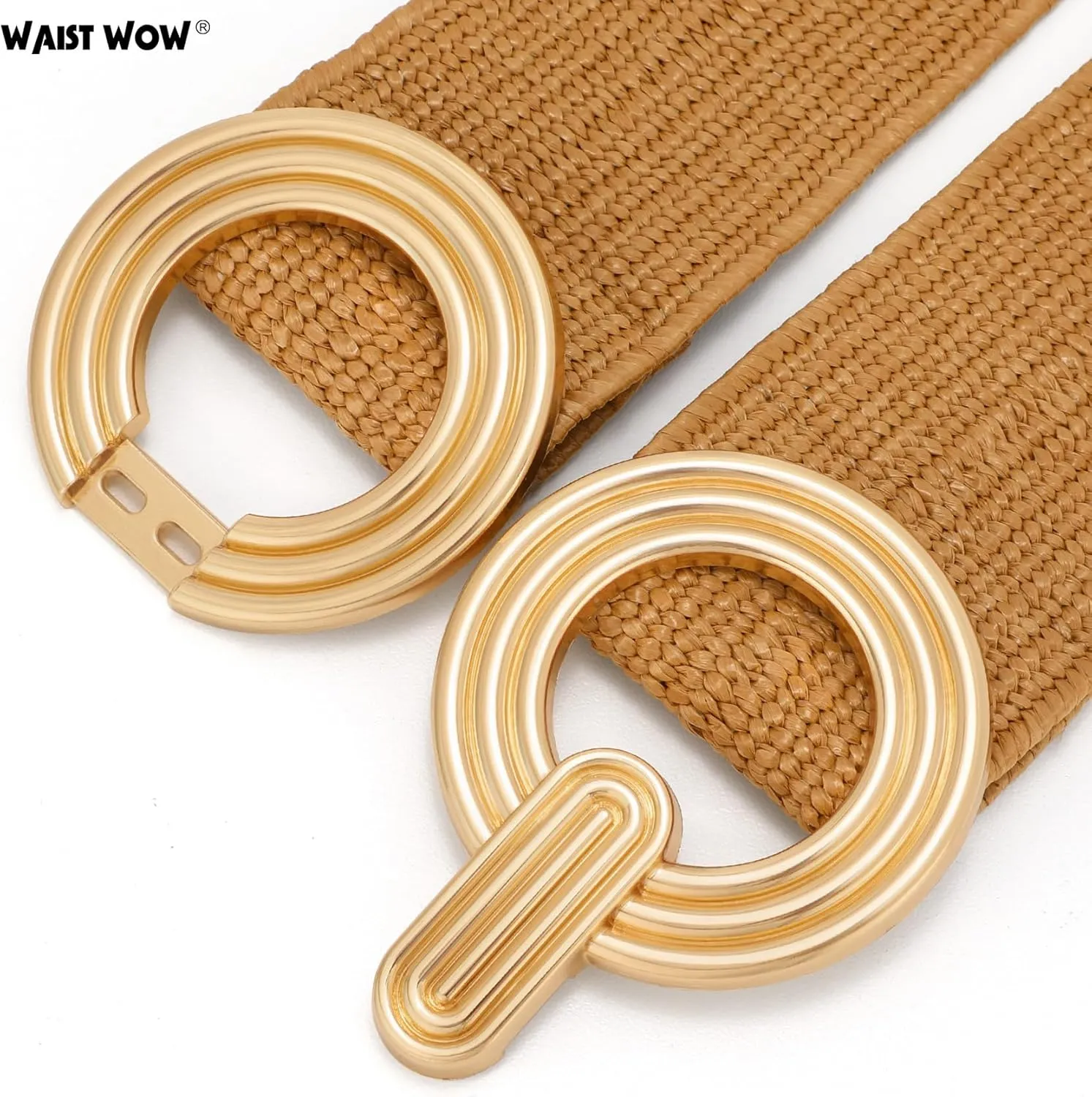 Straw Woven Elastic Belt for Women Fashion Wide Belts Stretchy Boho Belt Ladies Beach Dress Belt with Gold Buckle