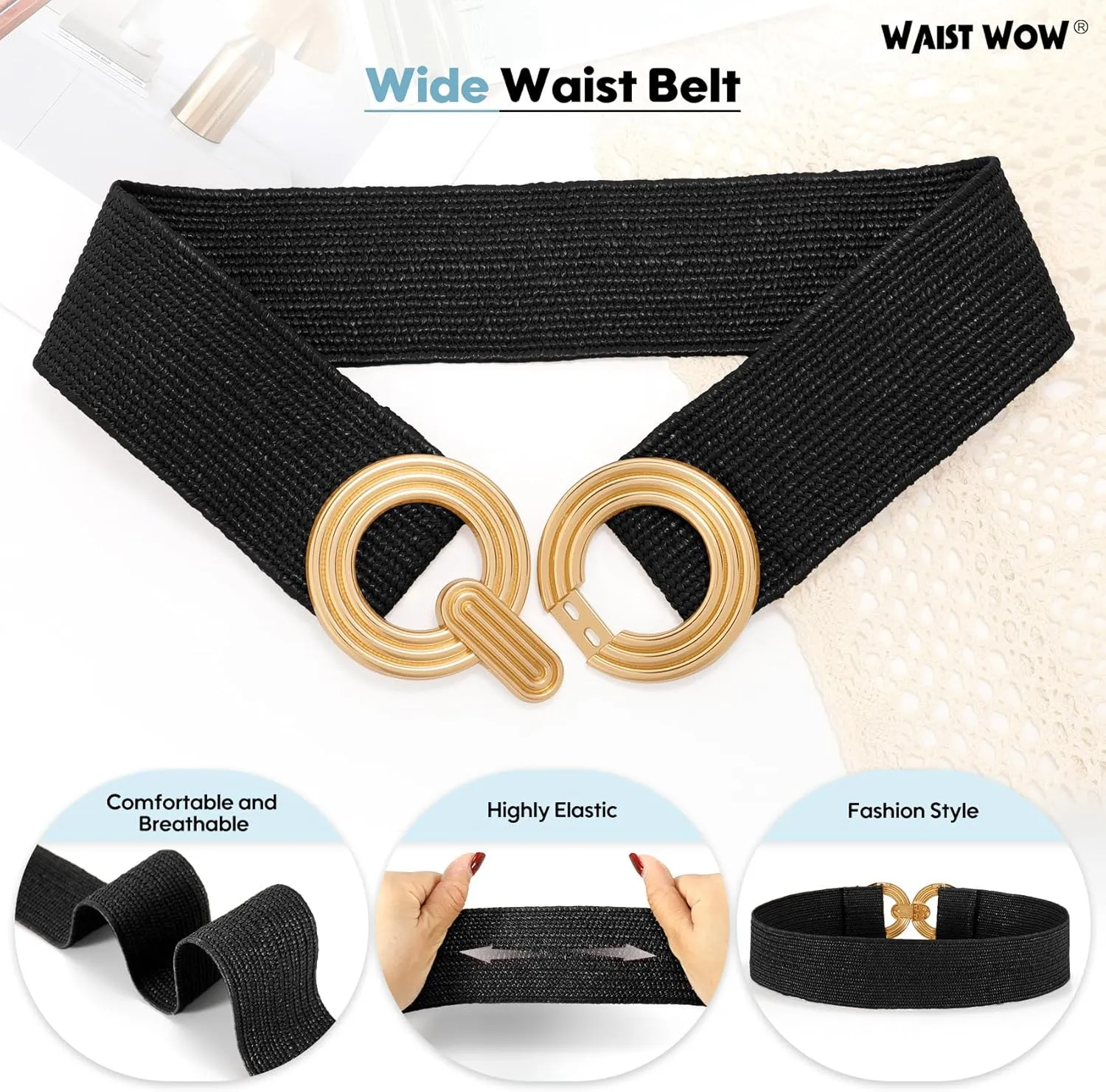Straw Woven Elastic Belt for Women Fashion Wide Belts Stretchy Boho Belt Ladies Beach Dress Belt with Gold Buckle