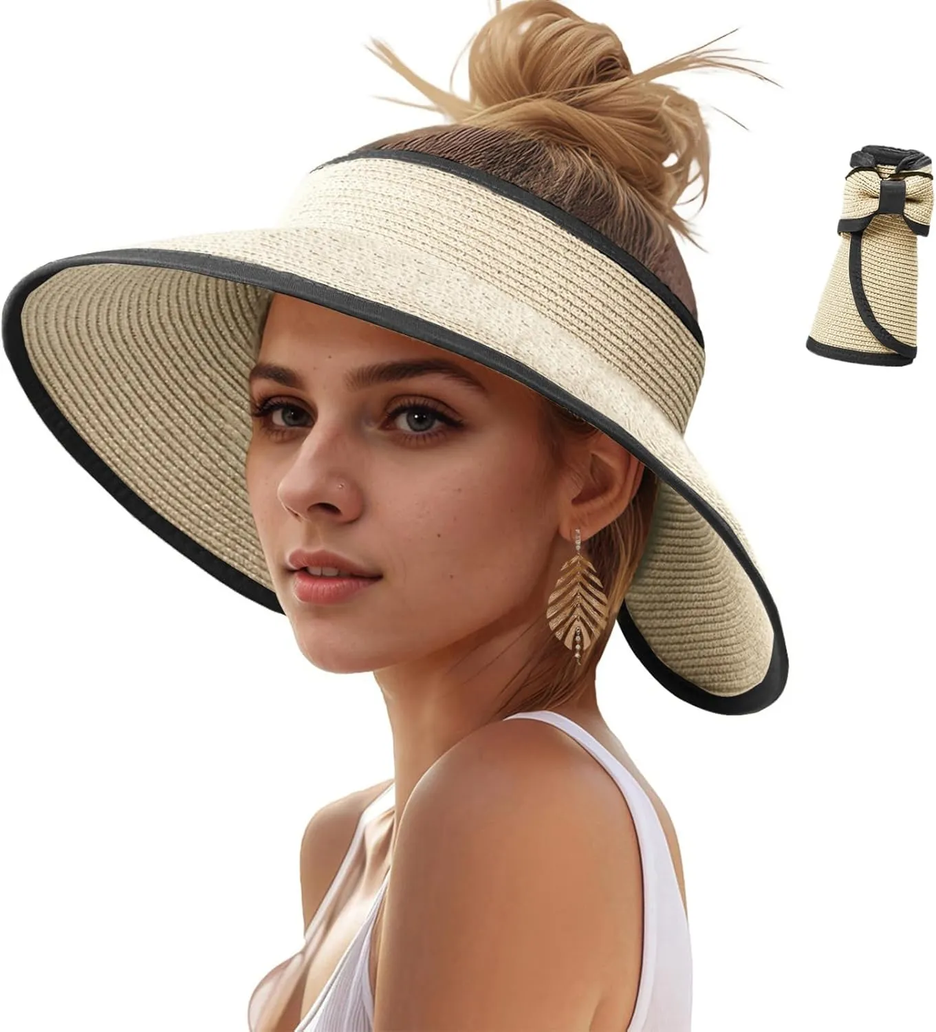 Sun Hats Visor for Women, UV UPF Straw Beach Hat Foldable Wide Brim Ponytail Summer Hats Packable Travel