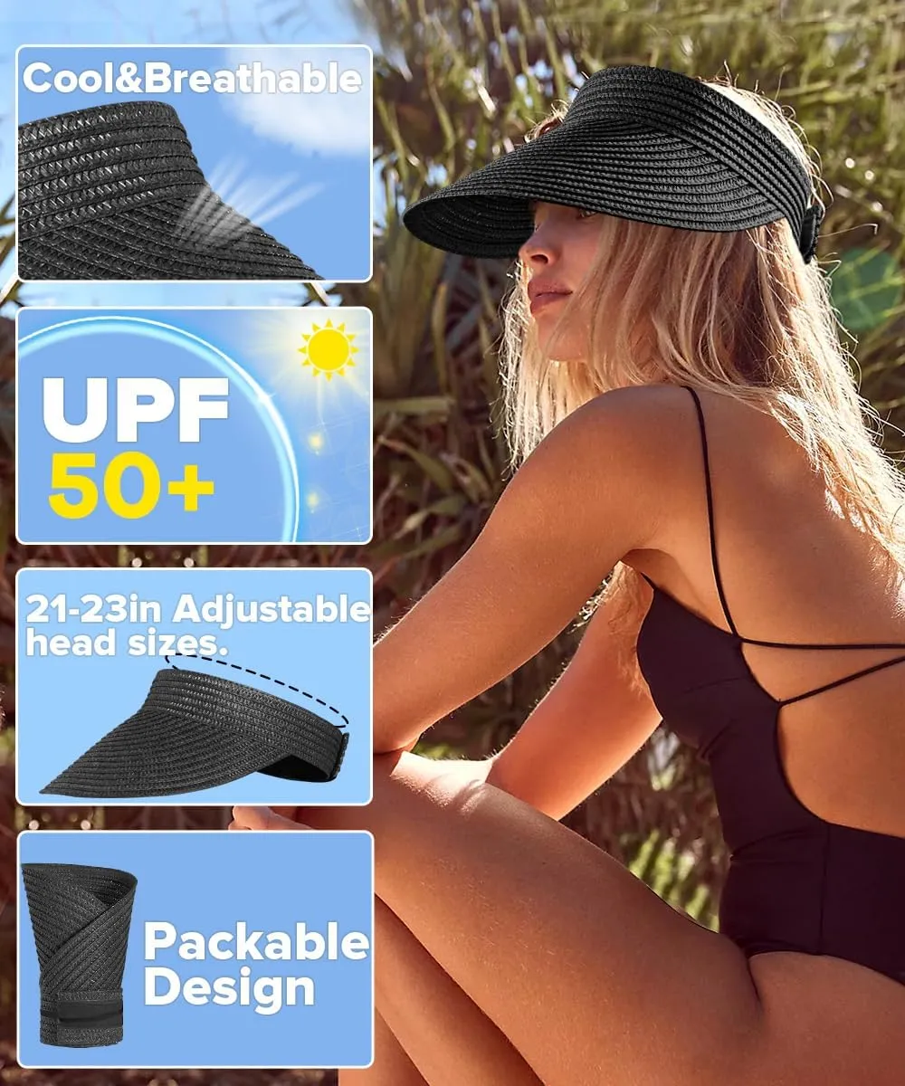 Sun Visor Hats for Women,Beach Sun Hats UPF50  UV Protection Straw Sun Beach Visor Summer Hats Packable