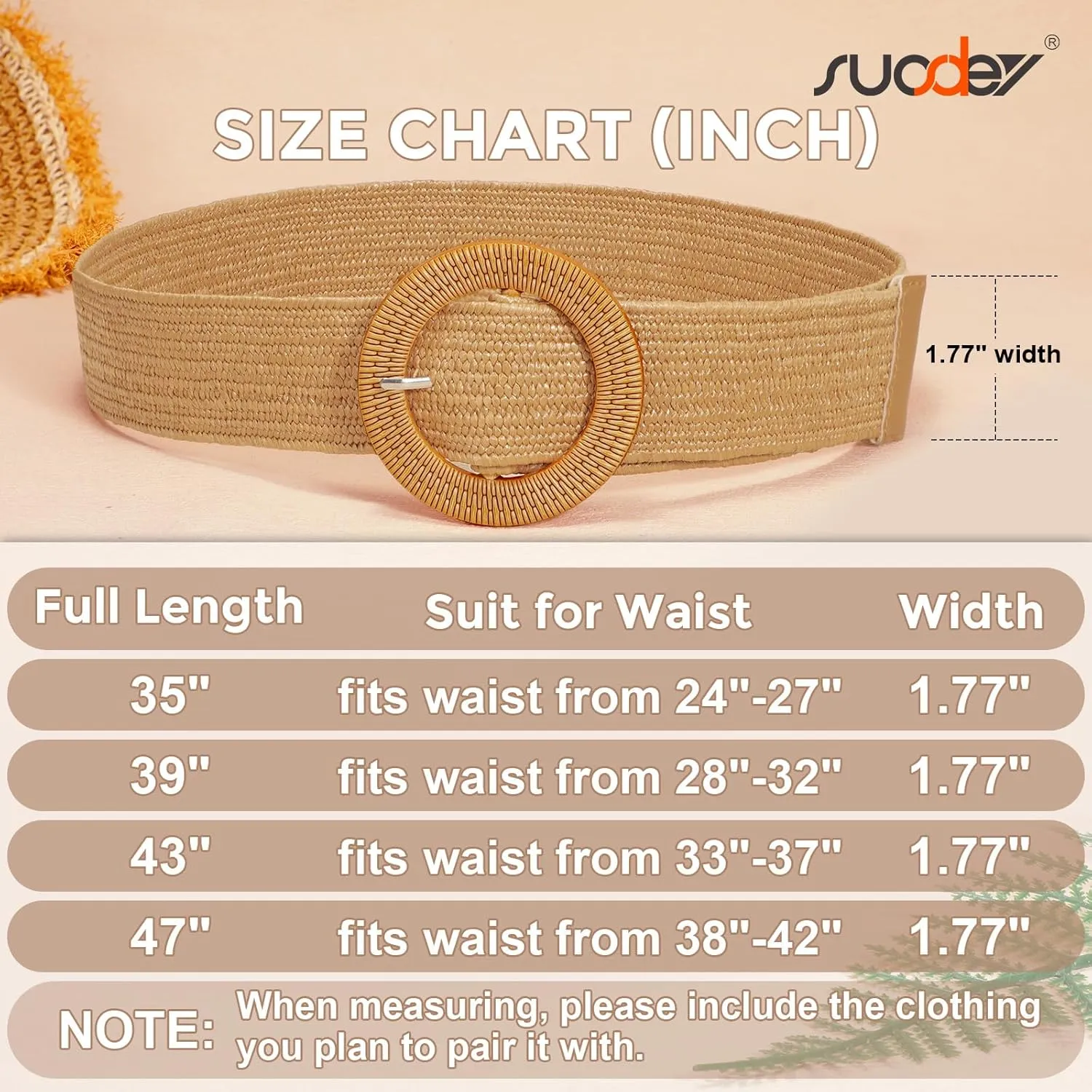 SUOSDEY Straw Woven stretchy Waist Belt for Women Dresses,Wide Boho Braided Elastic Belt with Round Buckle