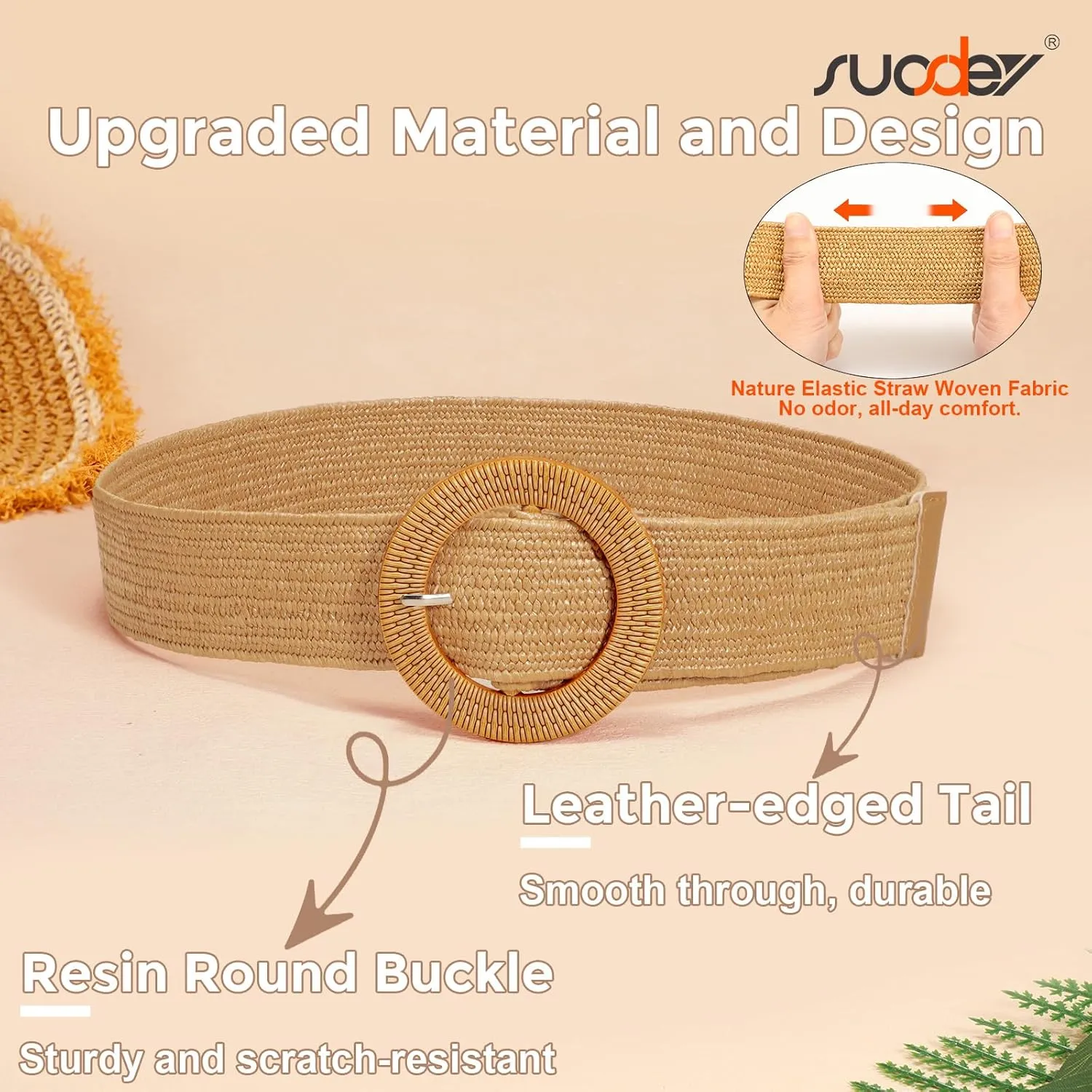 SUOSDEY Straw Woven stretchy Waist Belt for Women Dresses,Wide Boho Braided Elastic Belt with Round Buckle