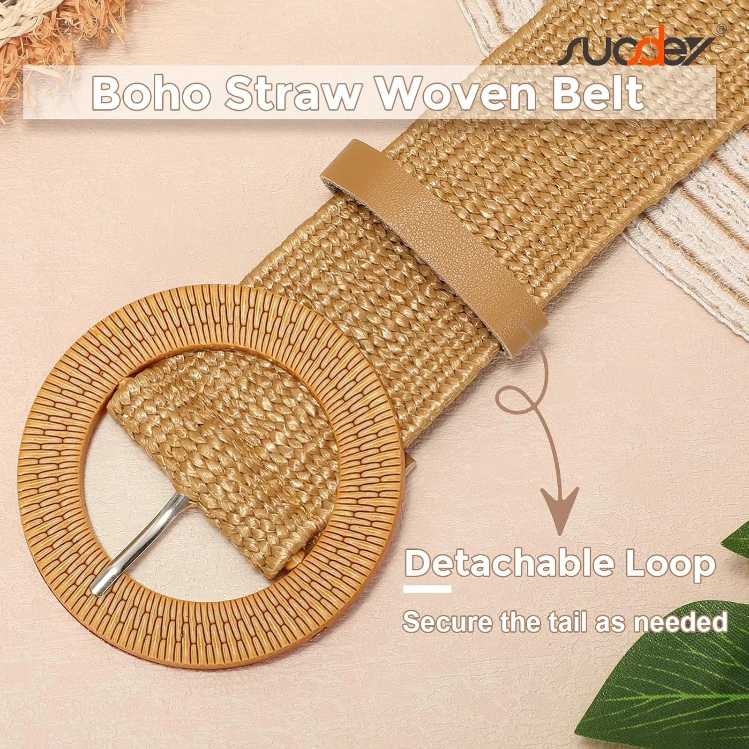 SUOSDEY Straw Woven stretchy Waist Belt for Women Dresses,Wide Boho Braided Elastic Belt with Round Buckle