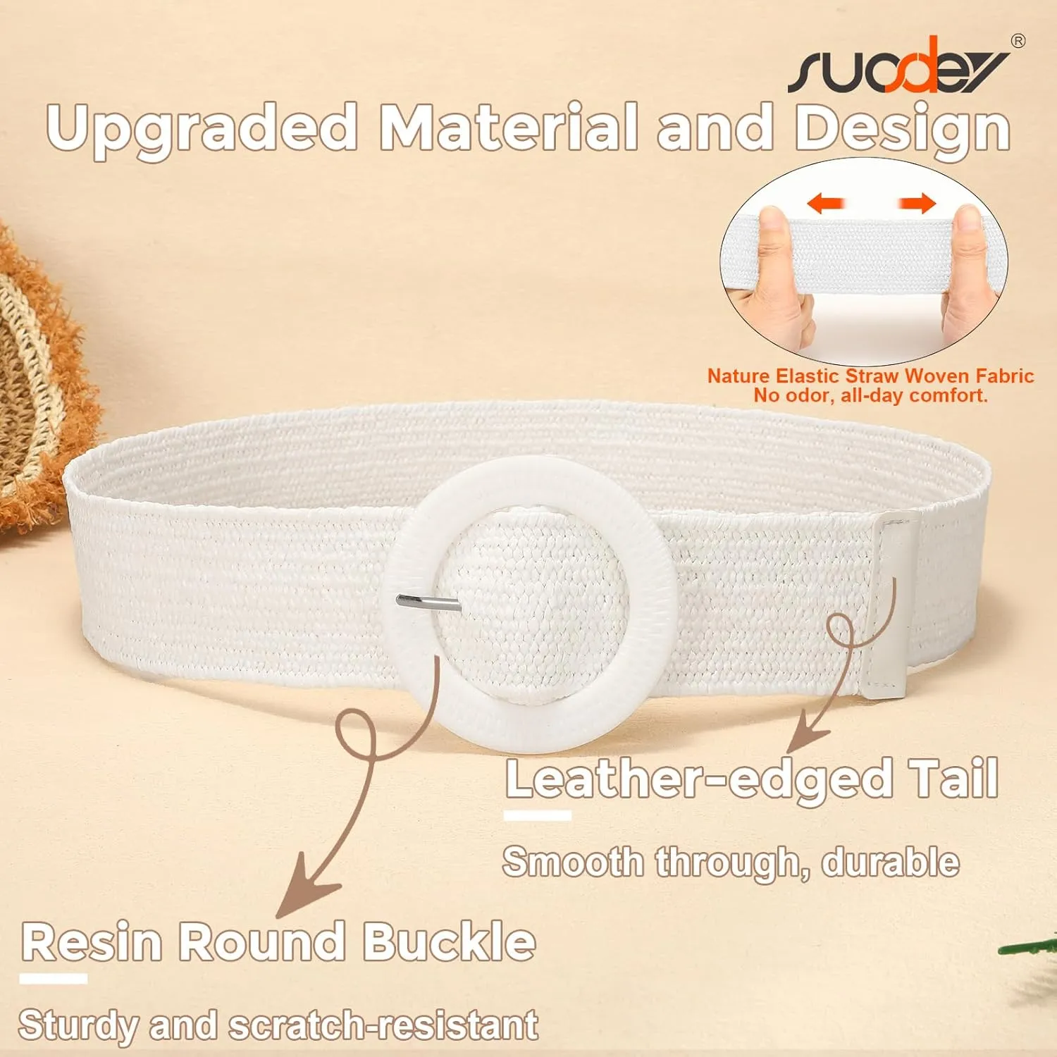SUOSDEY Straw Woven stretchy Waist Belt for Women Dresses,Wide Boho Braided Elastic Belt with Round Buckle