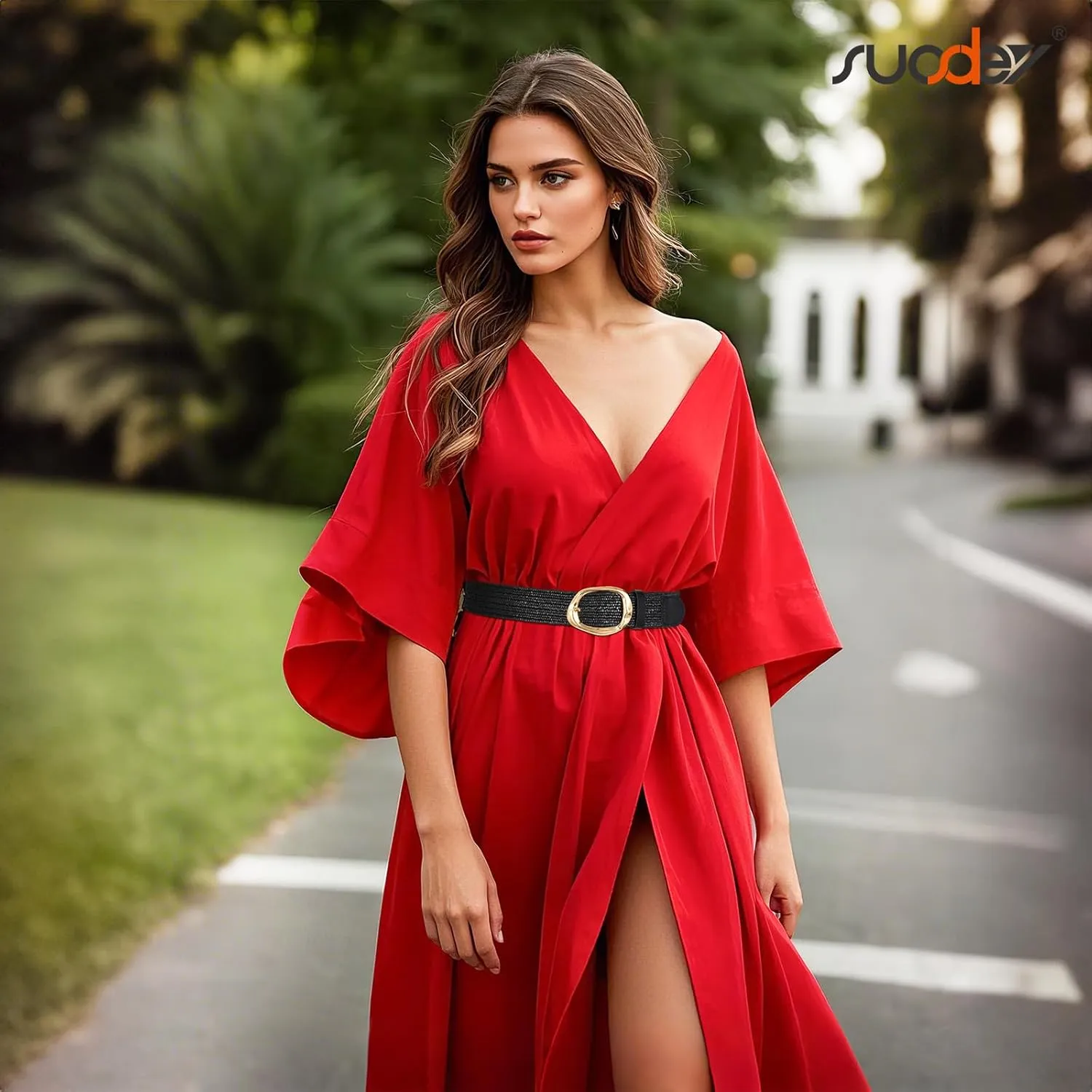 SUOSDEY Women Straw Woven Elastic Belt for Dresses,Boho Rattan Braided Stretch Ladies Waist Belt with Gold Buckle