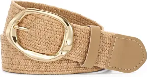 SUOSDEY Women Straw Woven Elastic Belt for Dresses,Boho Rattan Braided Stretch Ladies Waist Belt with Gold Buckle