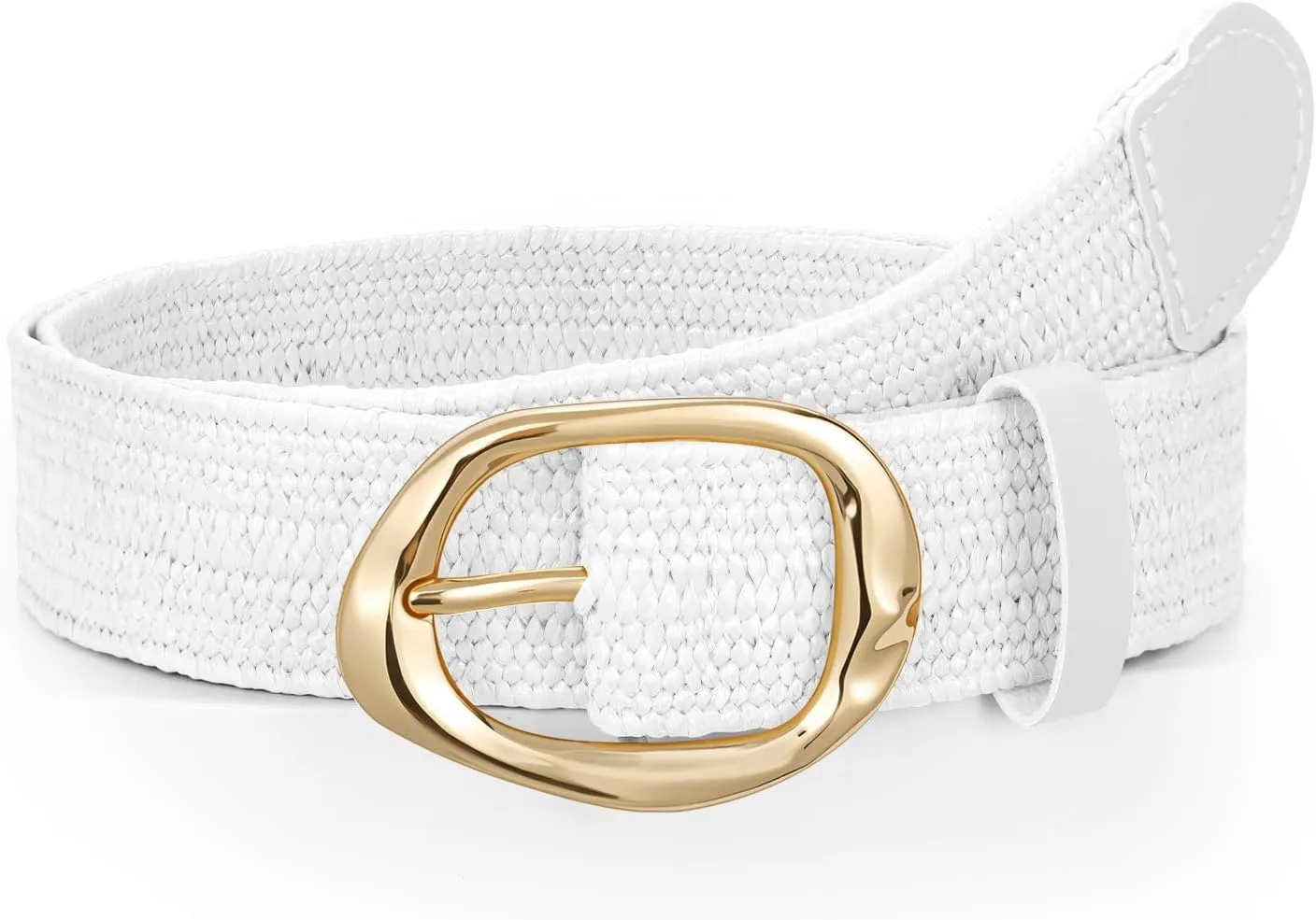SUOSDEY Women Straw Woven Elastic Belt for Dresses,Boho Rattan Braided Stretch Ladies Waist Belt with Gold Buckle