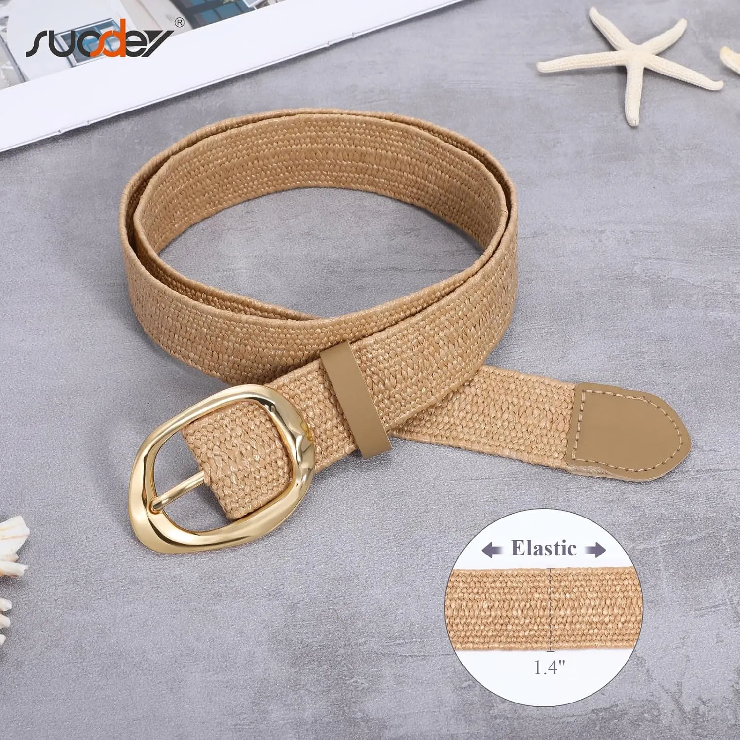 SUOSDEY Women Straw Woven Elastic Belt for Dresses,Boho Rattan Braided Stretch Ladies Waist Belt with Gold Buckle