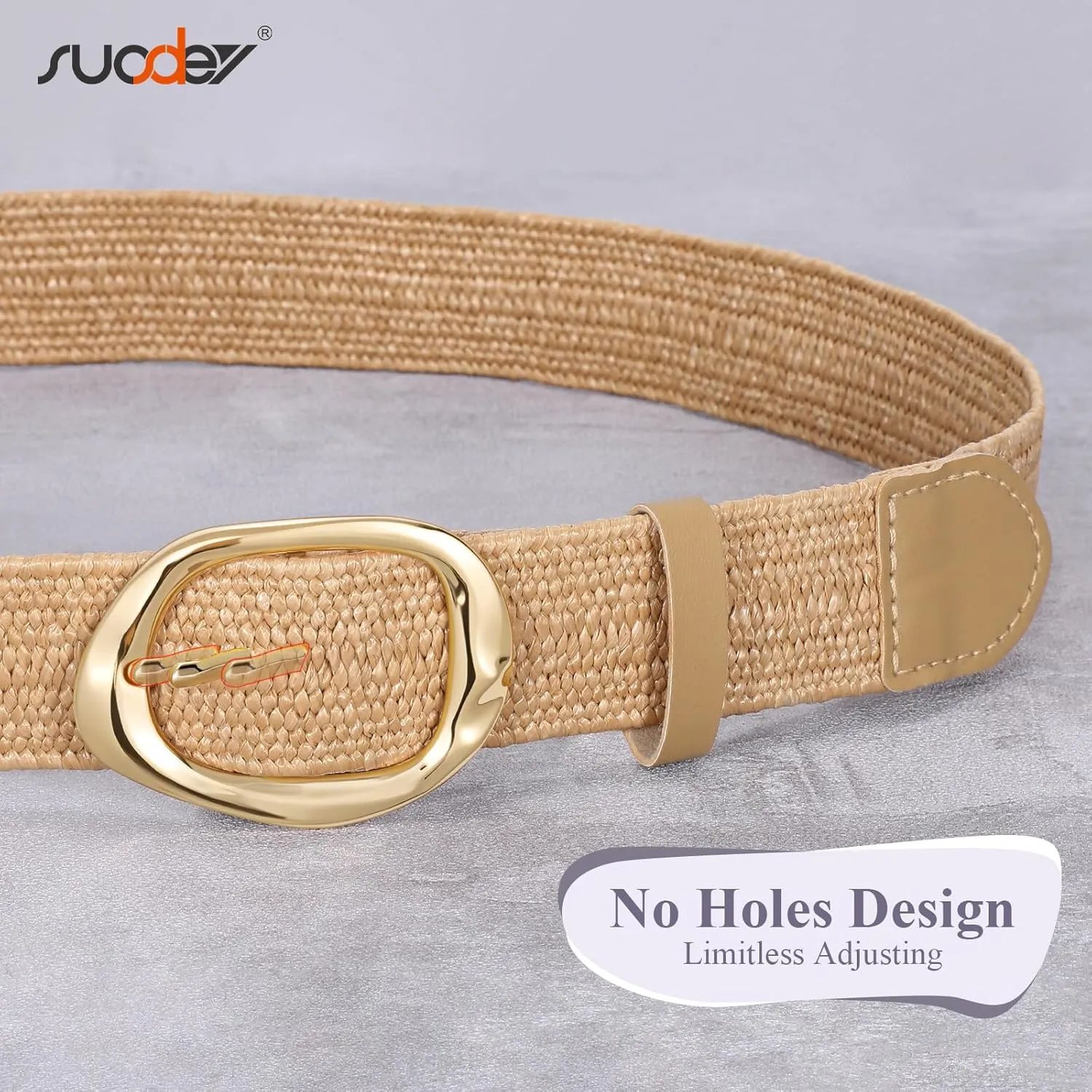 SUOSDEY Women Straw Woven Elastic Belt for Dresses,Boho Rattan Braided Stretch Ladies Waist Belt with Gold Buckle