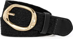 SUOSDEY Women Straw Woven Elastic Belt for Dresses,Boho Rattan Braided Stretch Ladies Waist Belt with Gold Buckle