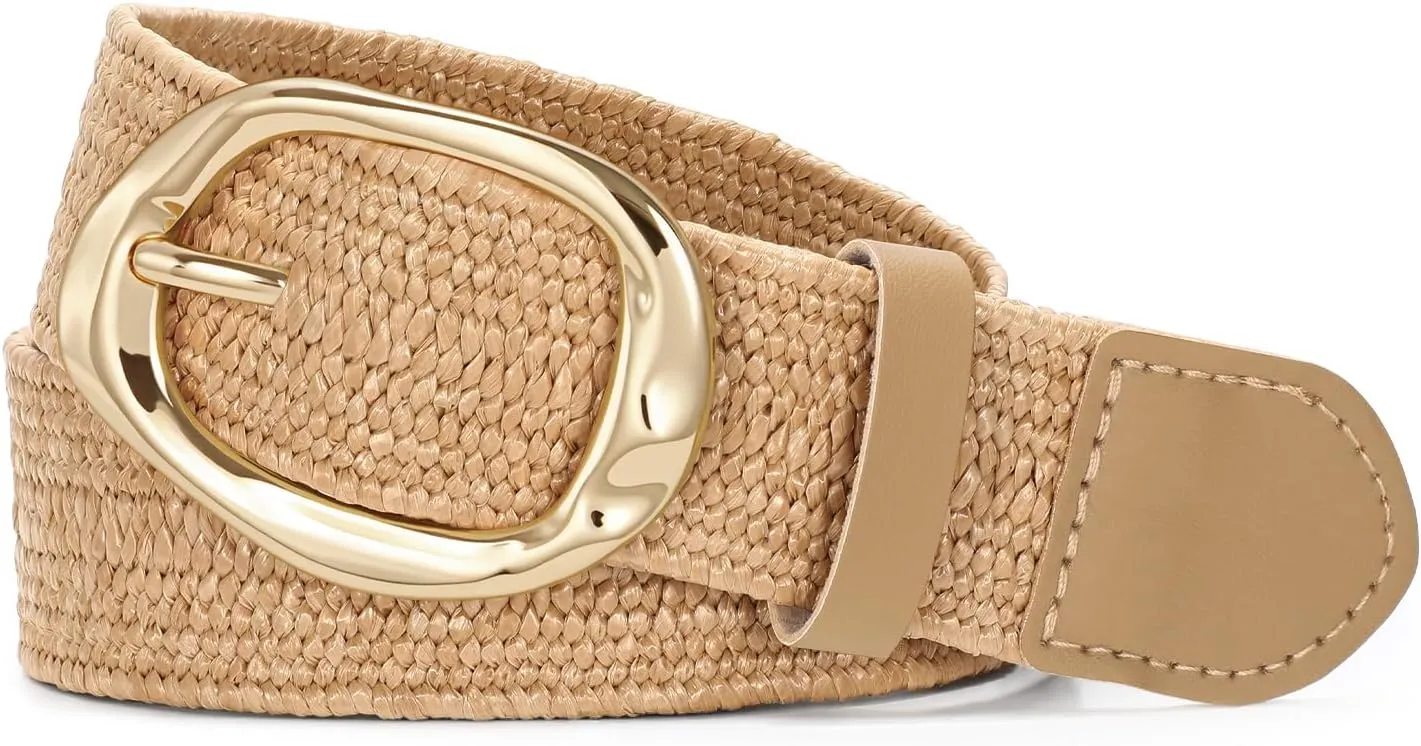 SUOSDEY Women Straw Woven Elastic Belt for Dresses,Boho Rattan Braided Stretch Ladies Waist Belt with Gold Buckle