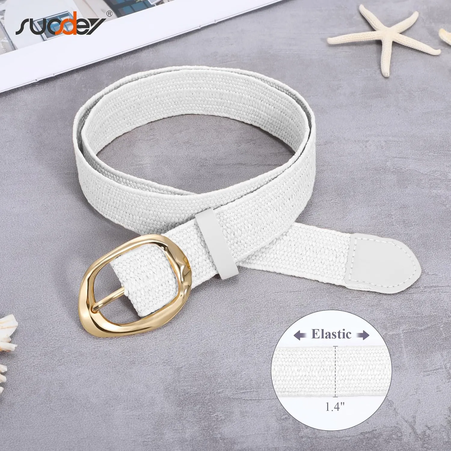SUOSDEY Women Straw Woven Elastic Belt for Dresses,Boho Rattan Braided Stretch Ladies Waist Belt with Gold Buckle