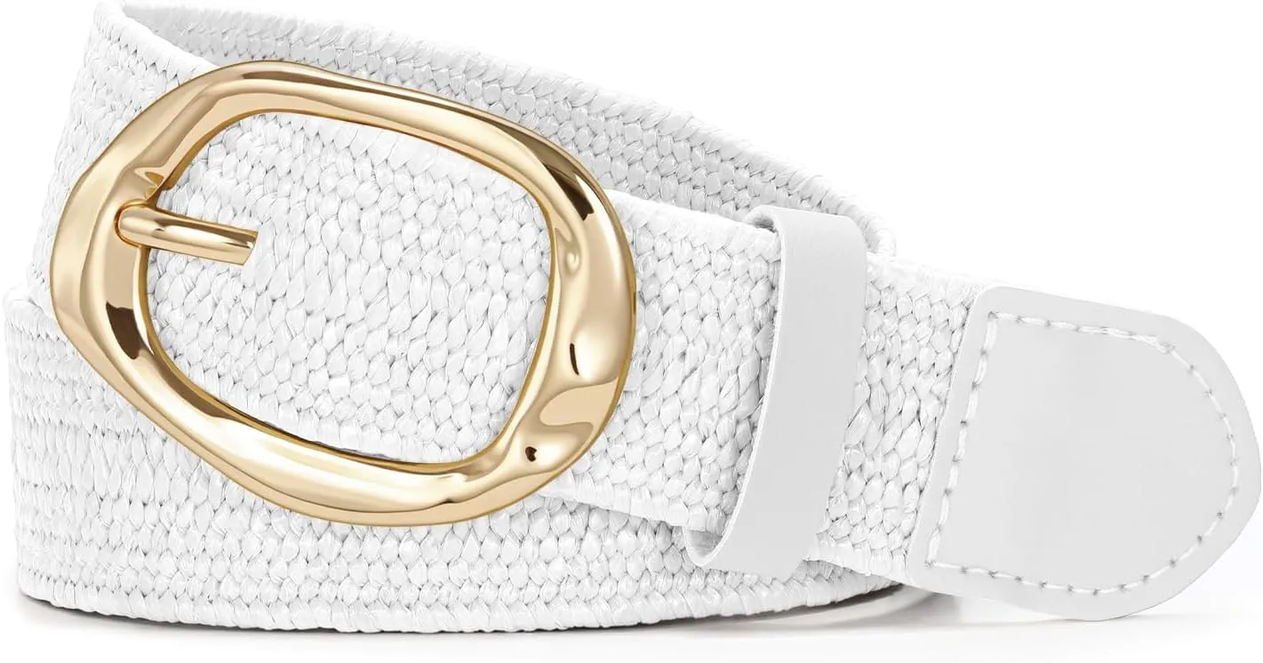 SUOSDEY Women Straw Woven Elastic Belt for Dresses,Boho Rattan Braided Stretch Ladies Waist Belt with Gold Buckle