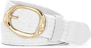 SUOSDEY Women Straw Woven Elastic Belt for Dresses,Boho Rattan Braided Stretch Ladies Waist Belt with Gold Buckle
