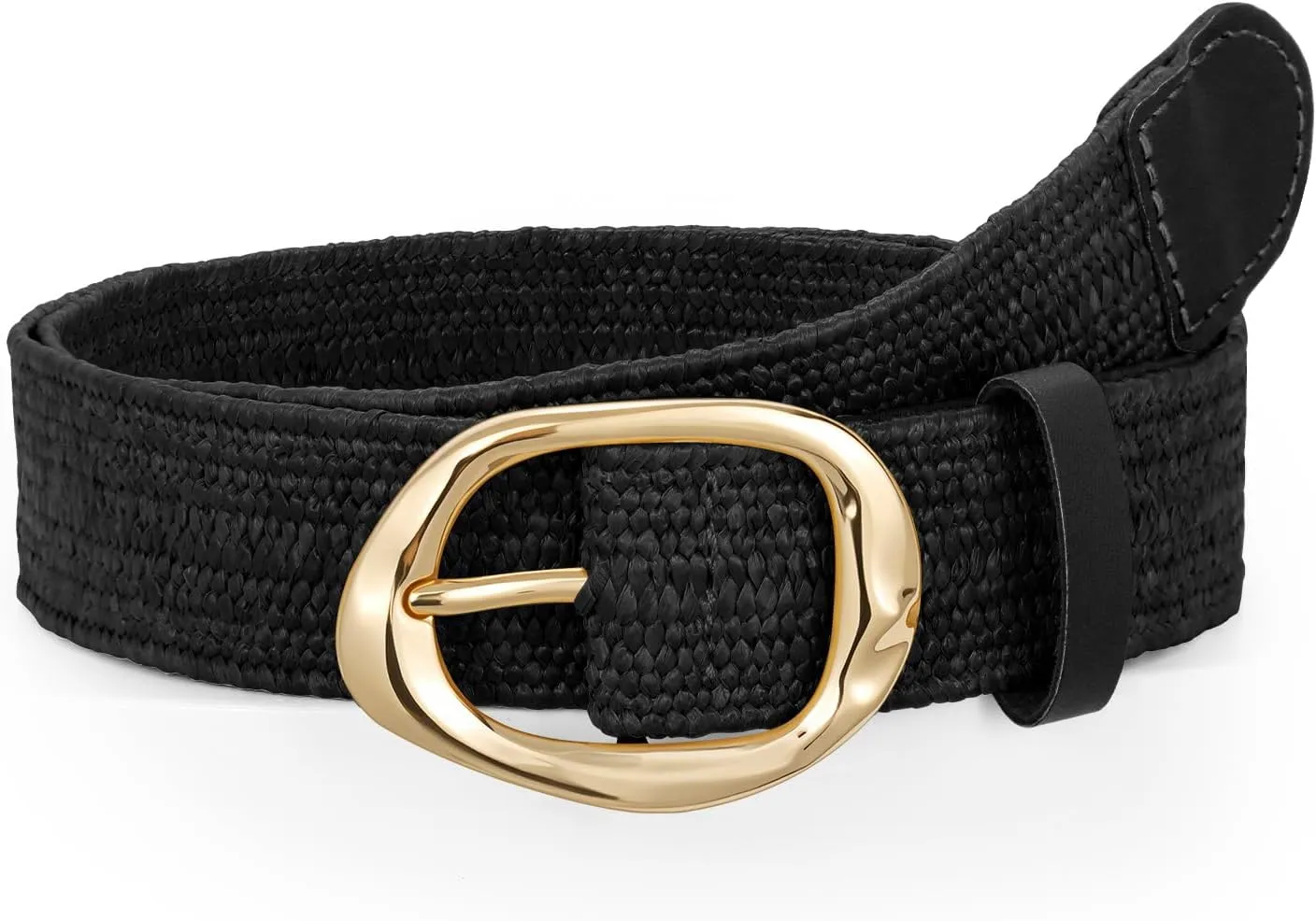 SUOSDEY Women Straw Woven Elastic Belt for Dresses,Boho Rattan Braided Stretch Ladies Waist Belt with Gold Buckle