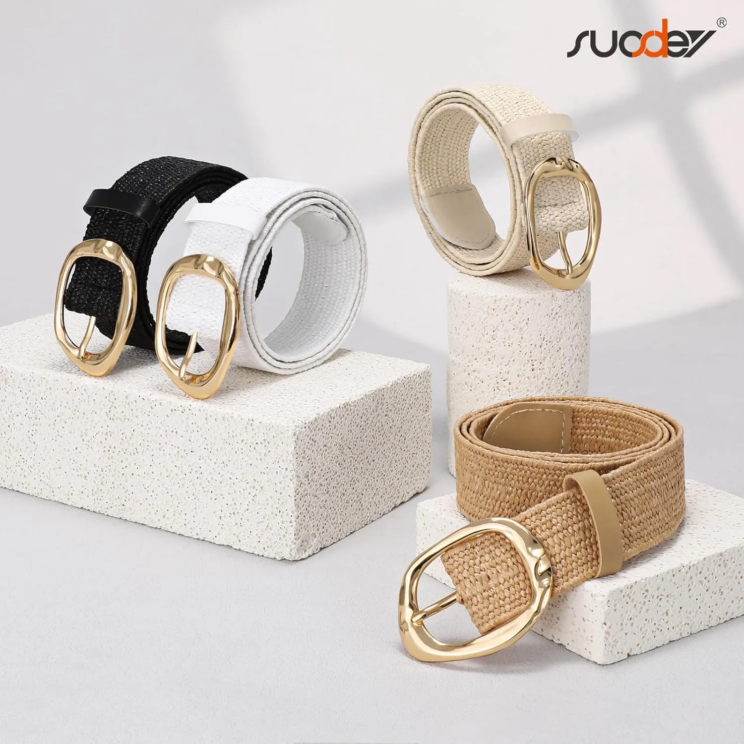 SUOSDEY Women Straw Woven Elastic Belt for Dresses,Boho Rattan Braided Stretch Ladies Waist Belt with Gold Buckle