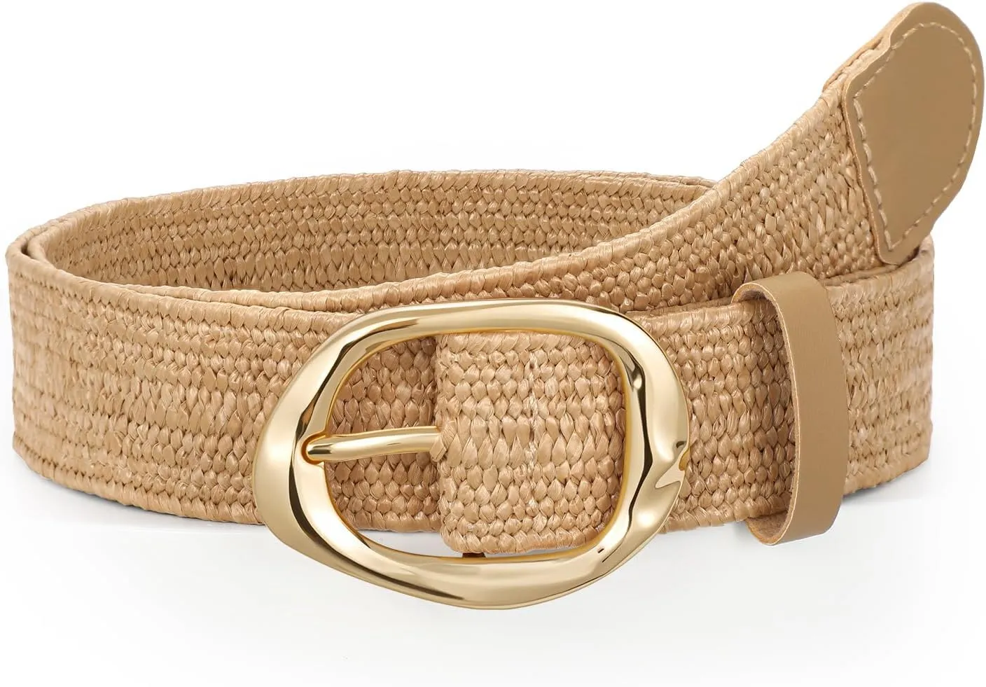 SUOSDEY Women Straw Woven Elastic Belt for Dresses,Boho Rattan Braided Stretch Ladies Waist Belt with Gold Buckle