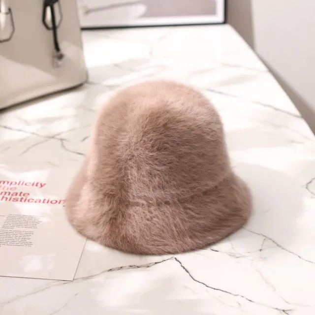 Winter Women Solid Color Fur Hat Bucket Cap Fisherman Hat Bucket Hat