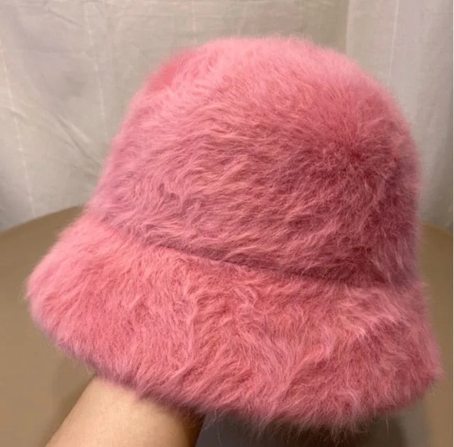 Winter Women Solid Color Fur Hat Bucket Cap Fisherman Hat Bucket Hat