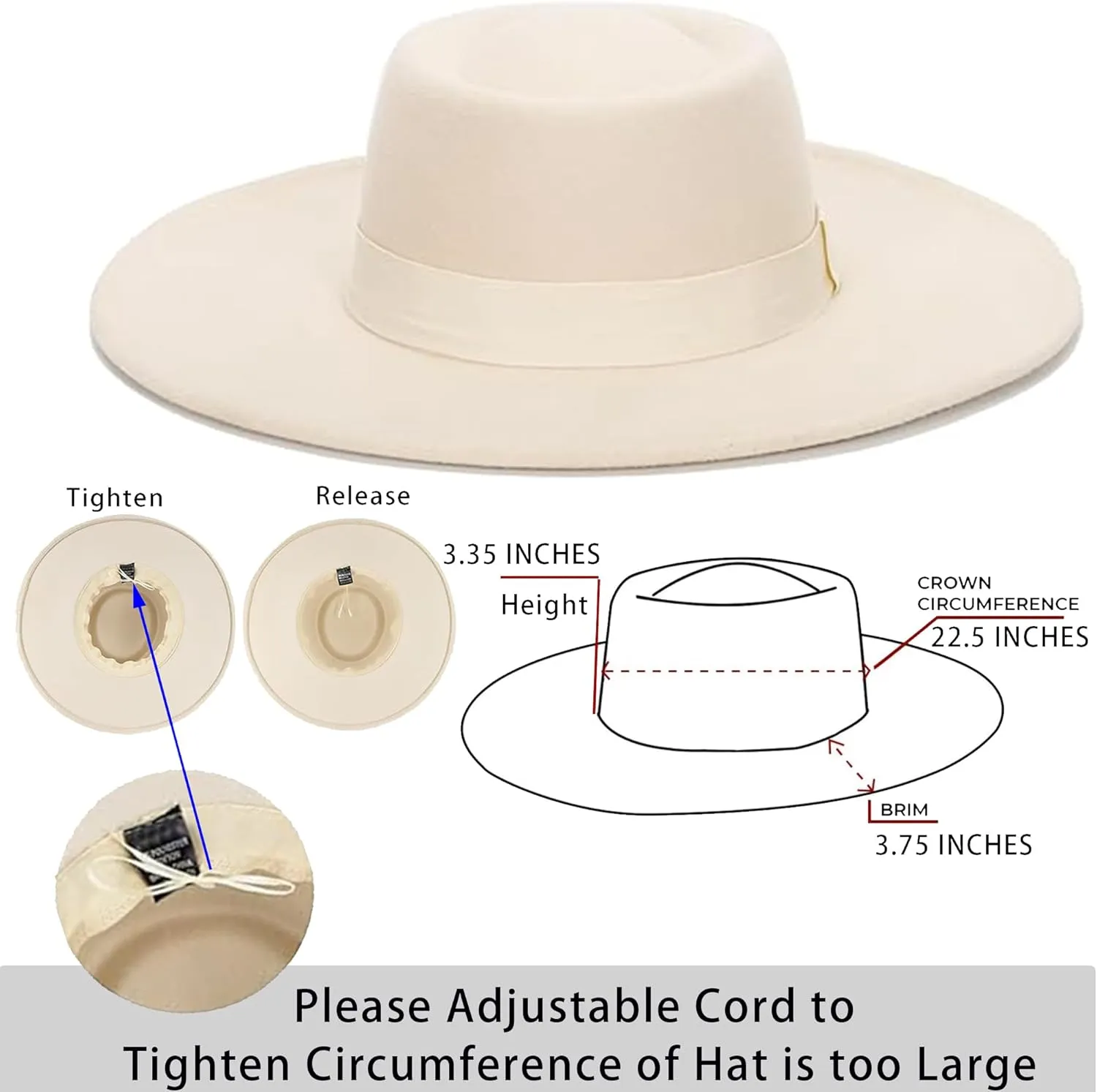 Women 3.75in-Large-Brim Felt-Fedora-Hat Flat-Top Derby-Cap Pork-Pie Boater-Hat Flat-Brim Church-Hat Wedding-Party Size:S/M