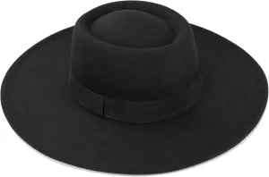 Women 3.75in-Large-Brim Felt-Fedora-Hat Flat-Top Derby-Cap Pork-Pie Boater-Hat Flat-Brim Church-Hat Wedding-Party Size:S/M