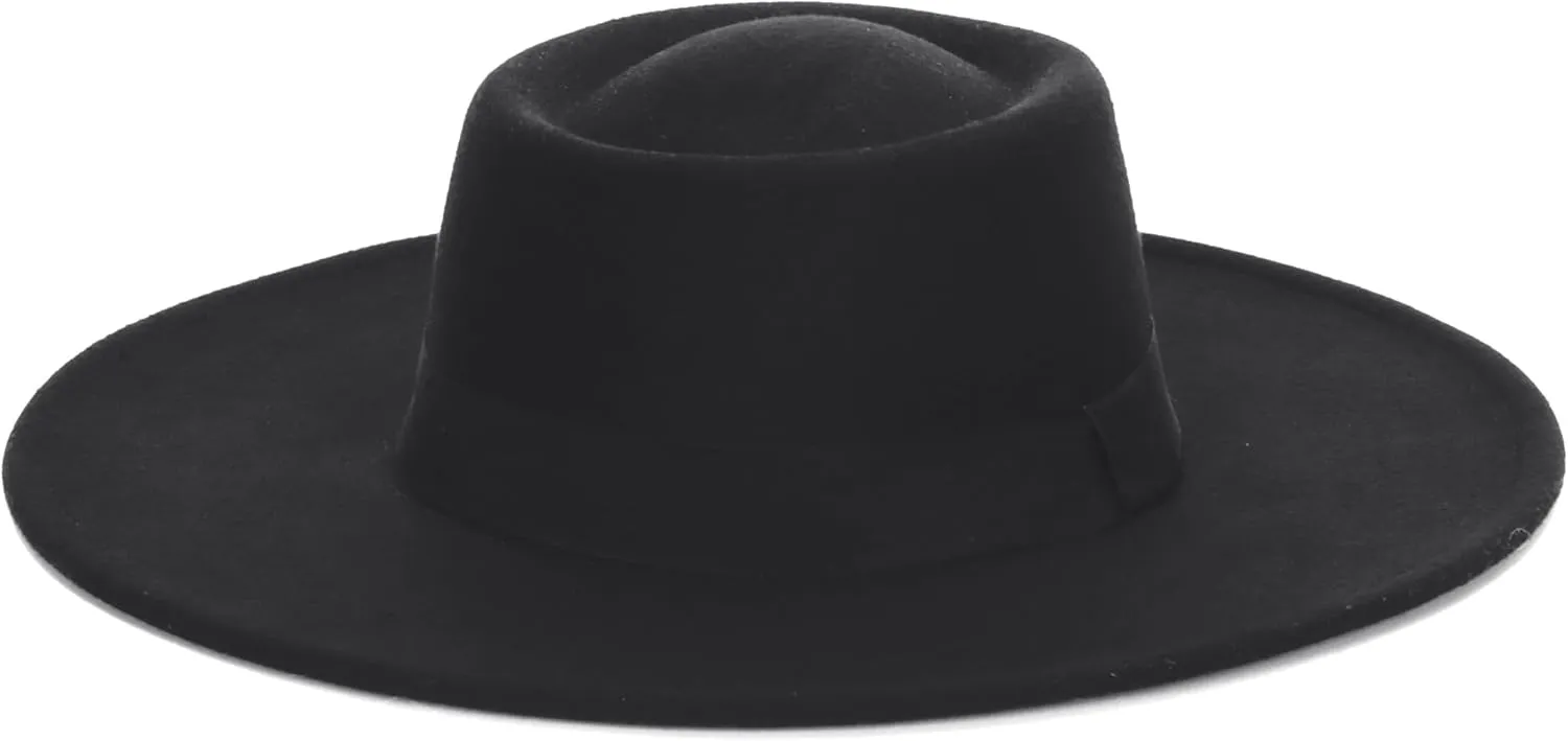 Women 3.75in-Large-Brim Felt-Fedora-Hat Flat-Top Derby-Cap Pork-Pie Boater-Hat Flat-Brim Church-Hat Wedding-Party Size:S/M