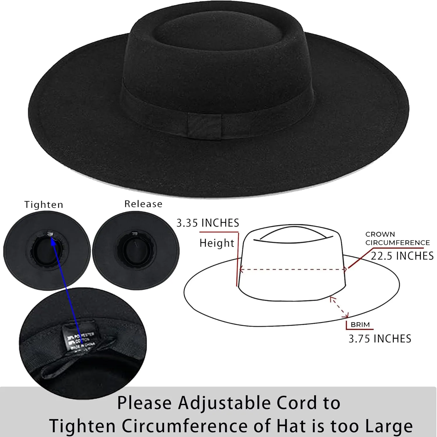 Women 3.75in-Large-Brim Felt-Fedora-Hat Flat-Top Derby-Cap Pork-Pie Boater-Hat Flat-Brim Church-Hat Wedding-Party Size:S/M