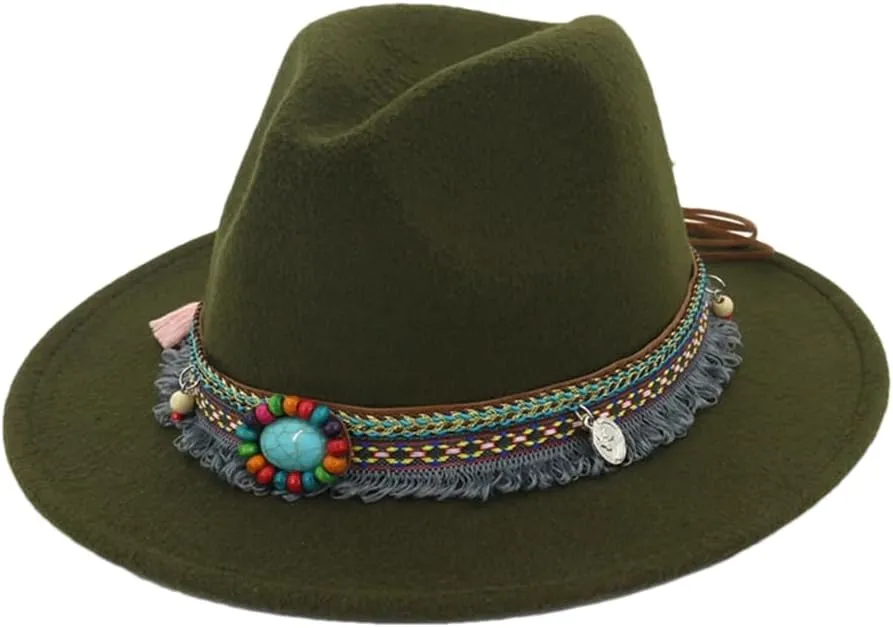 Women's Jazz Fedora Hat Panama Flat Brim Formal Hats Unisex Bowler Army En8 56to58cm