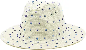 Womens Wide Brim Straw Panama Hat Jazz Hat with Fake Rhinestone Large Brim Fedora Summer Beach Travel Sun Hat