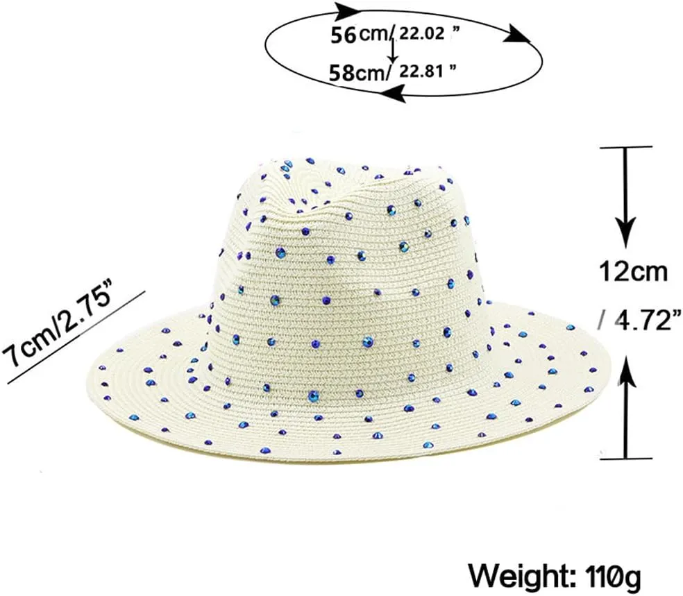 Womens Wide Brim Straw Panama Hat Jazz Hat with Fake Rhinestone Large Brim Fedora Summer Beach Travel Sun Hat