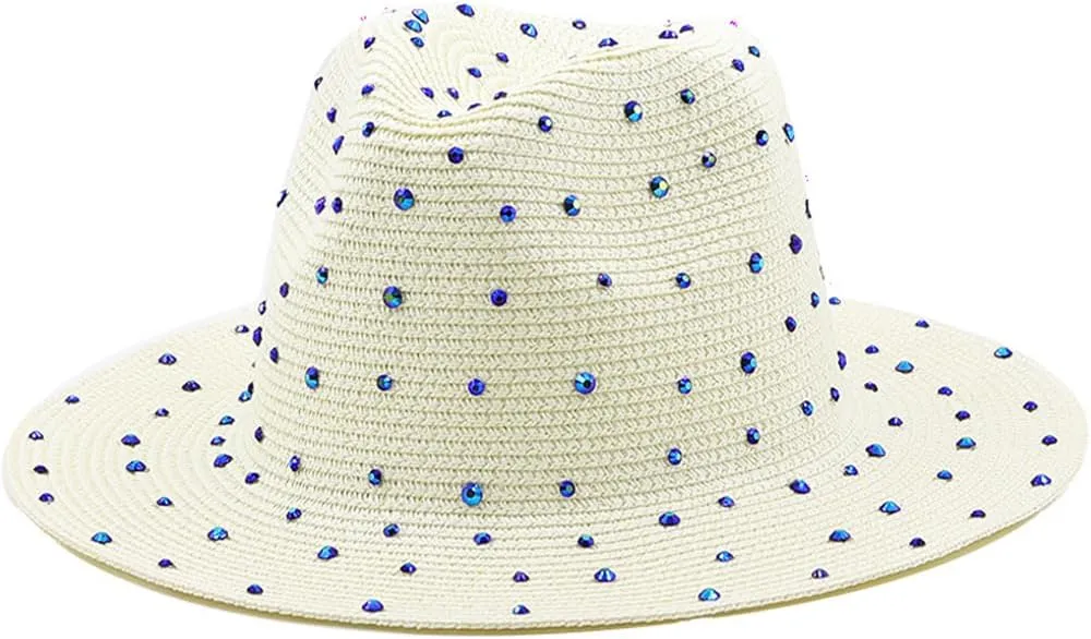 Womens Wide Brim Straw Panama Hat Jazz Hat with Fake Rhinestone Large Brim Fedora Summer Beach Travel Sun Hat